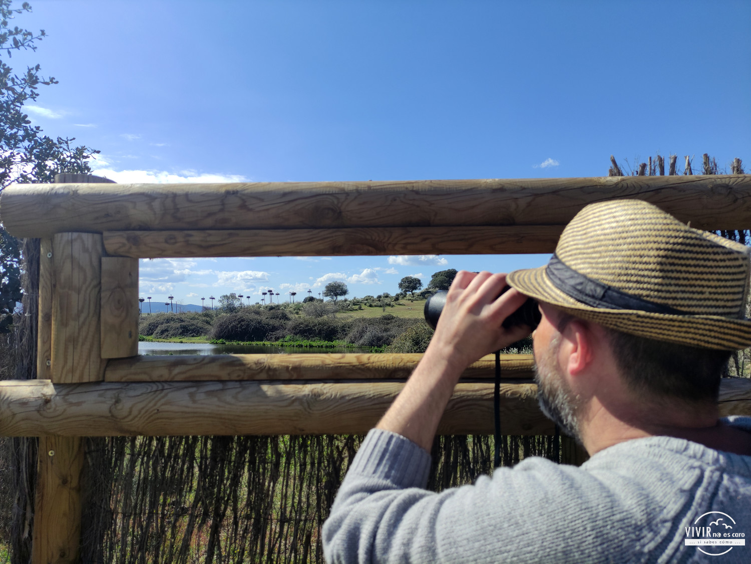 Observación de cigüeñas con prismáticos en humedal de Malpartida de Cáceres