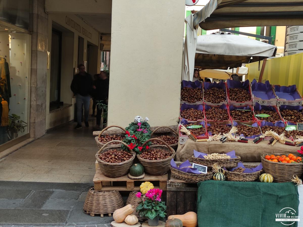 Puesto de castañas en la Via Calmaggiore en Treviso (Italia)
